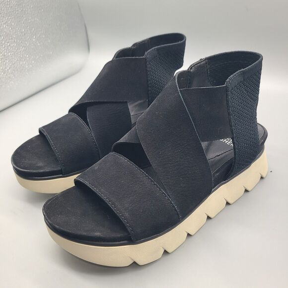Eileen Fisher Chant  Black Leather/ Mesh Platform Wedge Sandal Sz 7.5 floor pair - Picture 3 of 10